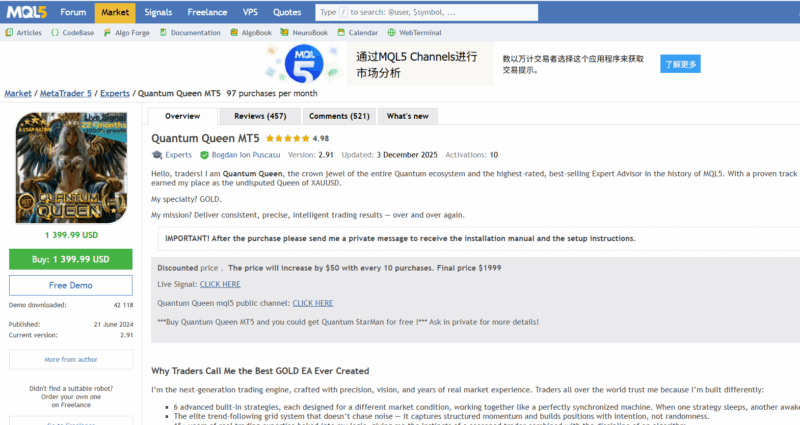 MQL5头牌：Quantum Queen MT5 黄金网格交易策略-BBTrading